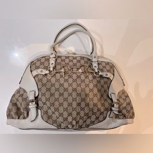 Gucci Canvas Shoulder Bag with Leather Trim 100% Authenticity Guaranteed